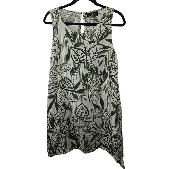 Women's Tahari 100% Linen White Green Leaf Print Sleeveless Dress Size Large